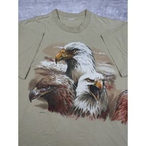 Vtg Nature Shirt Mens XL Beige 90s Bird Bald Eagle Wrap Around Art Single Stitch